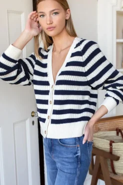 Low V Neck Cardigan in Navy French Stripe Organic