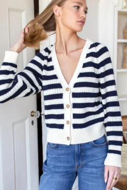 Low V Neck Cardigan in Navy French Stripe Organic