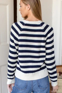 Low V Neck Cardigan in Navy French Stripe Organic