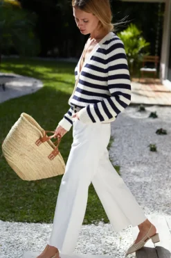 Low V Neck Cardigan in Navy French Stripe Organic